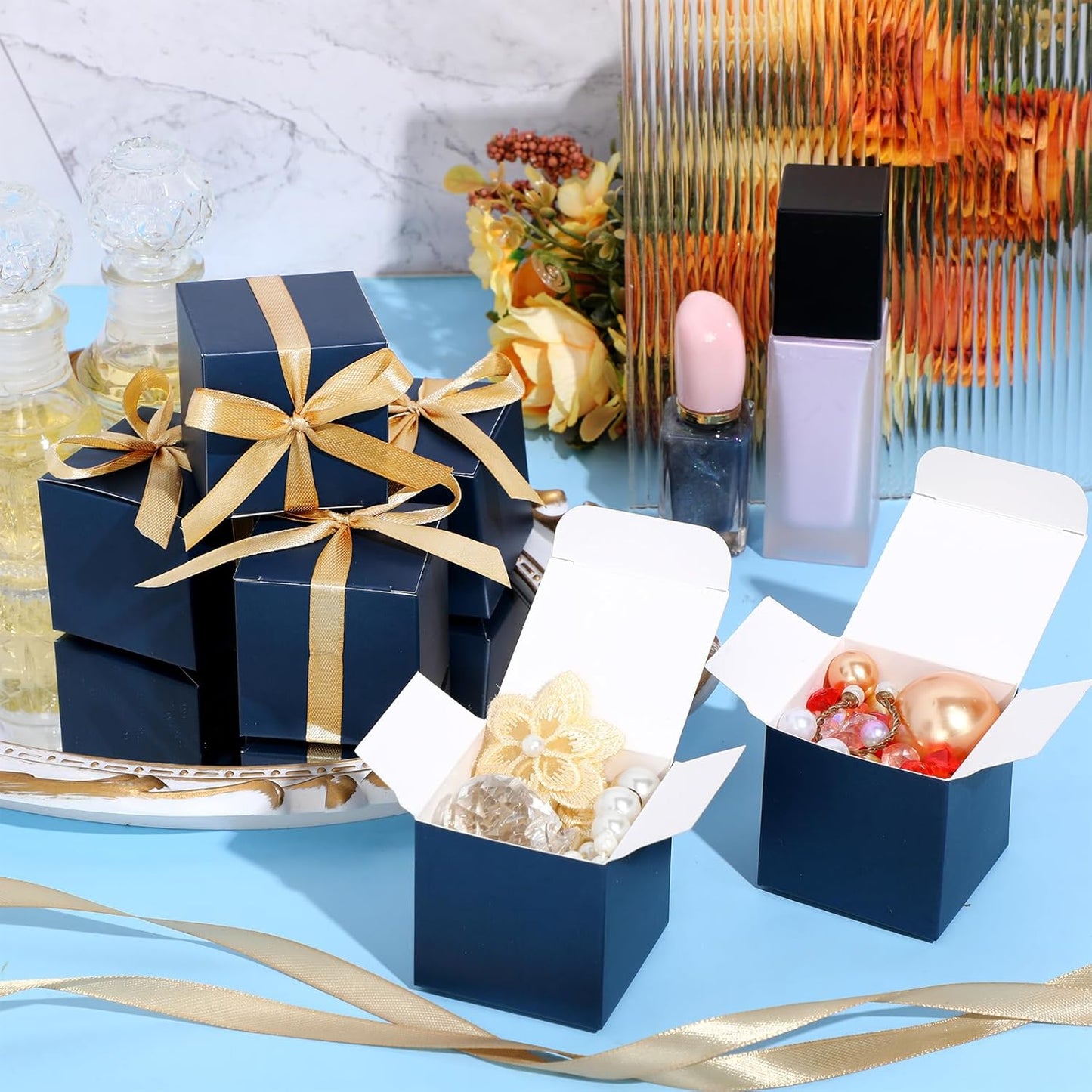 Jutom 100 Pcs Mini Favor Boxes Extra Small Candy Boxes Paper with Gold Ribbon for Christmas Thanksgiving Day Birthday Wedding Anniversary Supplies(2 x 2 x 2 Inch,Navy Blue)