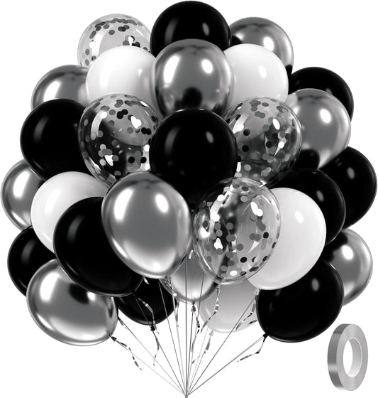 60pcs Black and Silver Balloons 12inch, Black and White Balloons with Metallic Silver Confetti Balloons for Baby Shower Wedding Birthday Graduation Party Decorations
