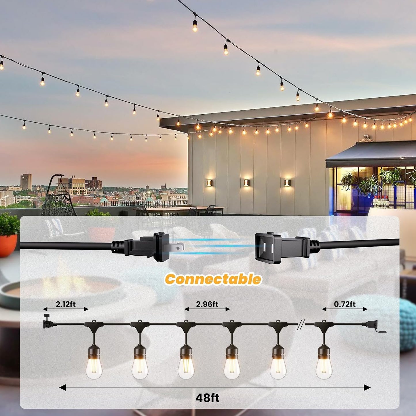 Svater 96 FT Outdoor String Lights 2W, Patio Light for Outside with 32 Antique S14 Plastic LED Bulbs, IP65 Waterproof Hanging Cafe Market Lighting, ETL-Listed Dimmable Warm White 2700K (48 FT x 2)
