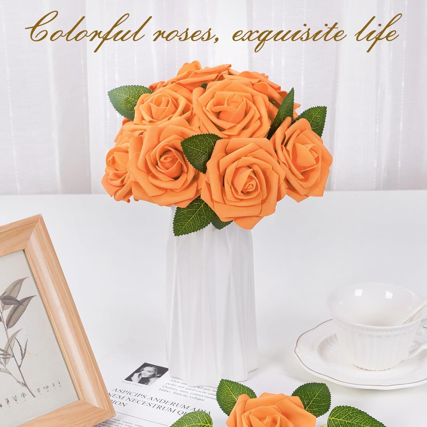 BLEUM CADE 16Pcs Artificial Flowers Fake Roses with Stems, Orange Boxed Foam Roses for DIY Bouquets Centerpieces Wedding Party Arrangement Bridal Shower Decor