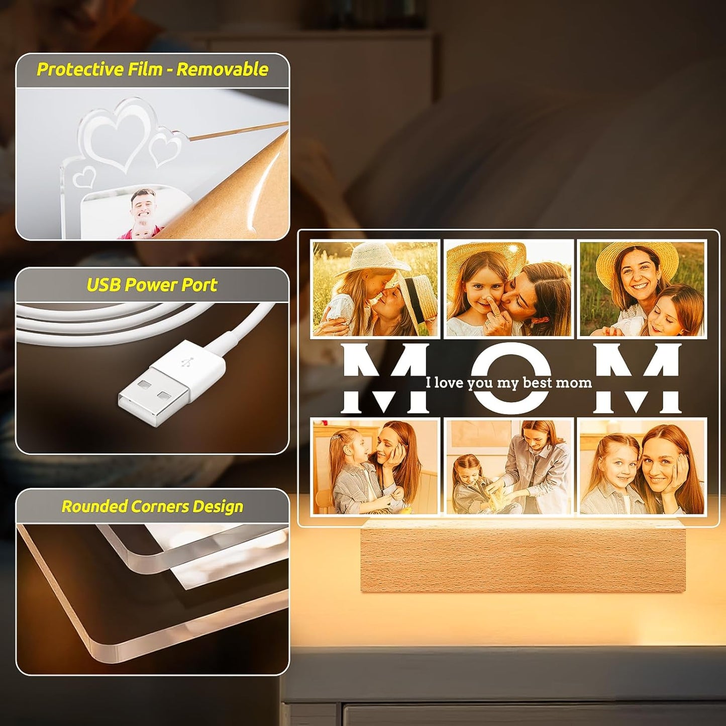 Personalized Birthday Gifts for Mom from Daughter Son, Custom Collage Picture Frames with Photos, Customized MOM Photo Frame with Night Light, Personalized Gifts for Mom Kids Baby Family