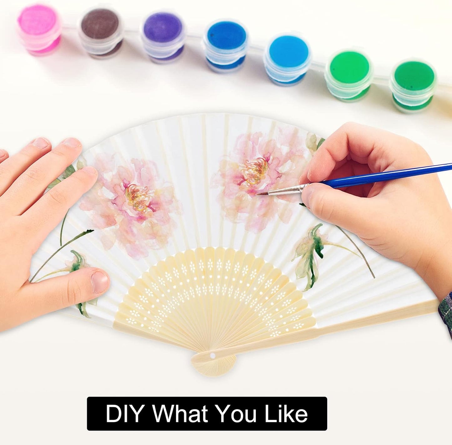 FEPITO 20 Pieces White Handheld Paper Fan Paper Folding Fans with Bamboos for Wedding Gift, Party, Home