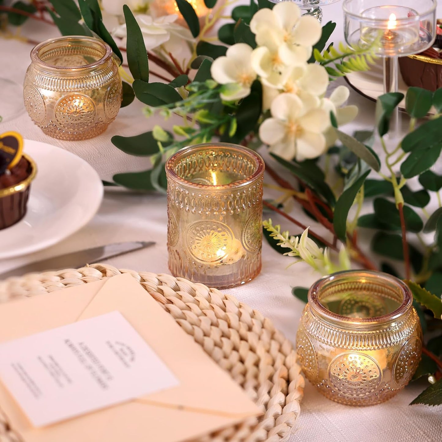 DARJEN 24Pcs Gold Votive Candle Holders - Glass Candle Holder Bulk for Table Centerpiece, Tea Lights Candle Holders for Home, Christmas Party & Wedding Shower