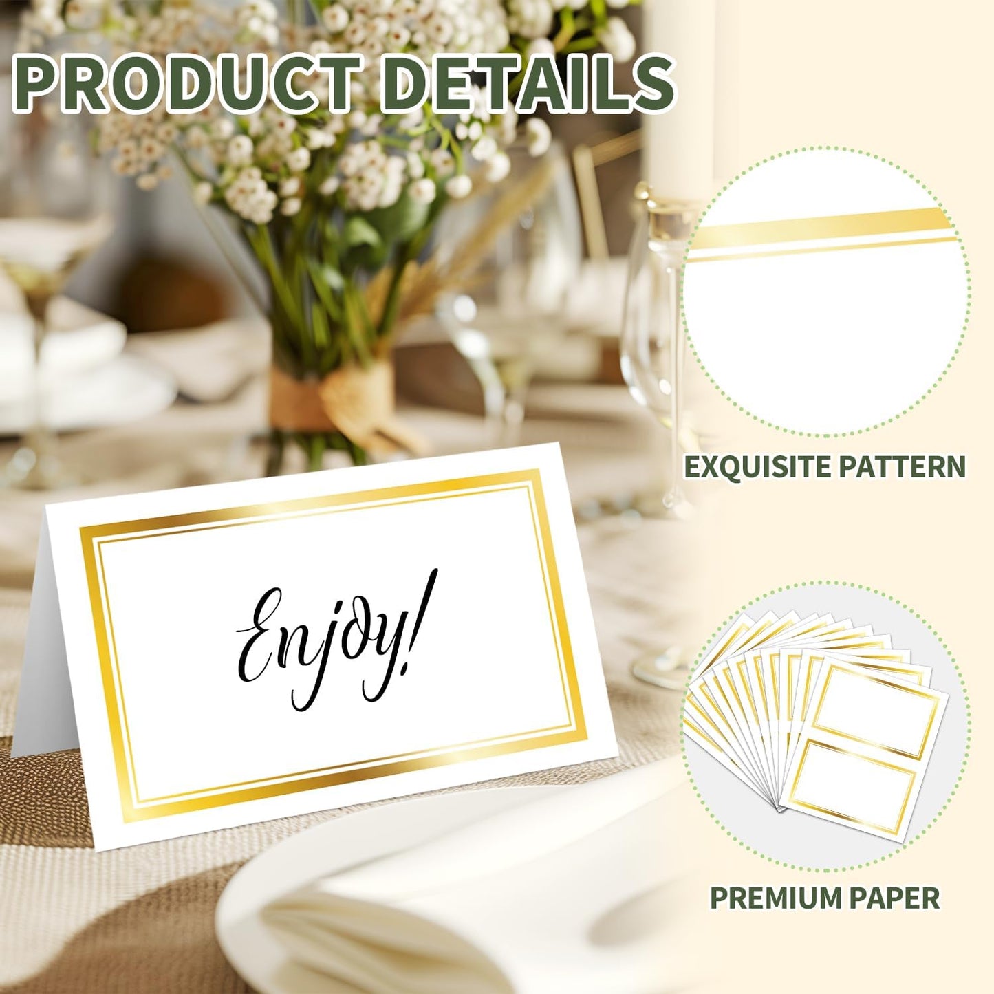 25 Premium Place Cards for Table Seating, Wedding Name Place Card with Gold Foil Border, Tent Cards for Birthday Bridal Shower Baby Shower Reception Dinner Party Decorations -A29