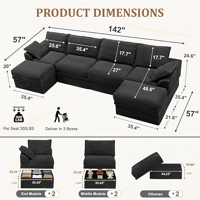 Upgrade Boneless Couch with Storage, Extra Deep&High Seat Modular Sectional - Image 3