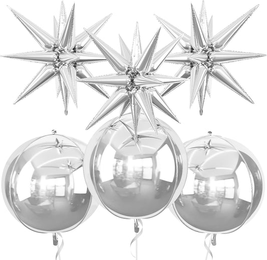 6Pcs Silver Foil Balloons,22Inch Silver 4D Round Ball Balloon and Explosion Star Balloon for Birthday Wedding Baby Shower Anniversary Graduation Decorations