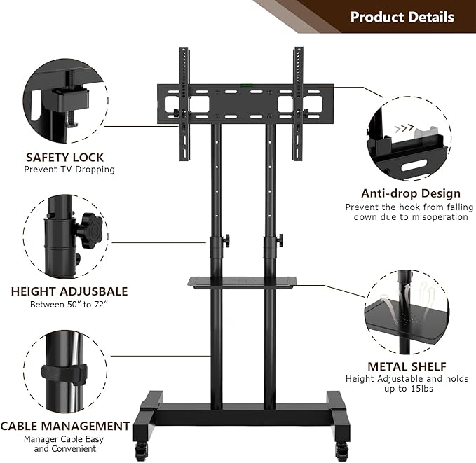 Mobile TV Stand Rolling TV Cart Floor Stand - Image 4