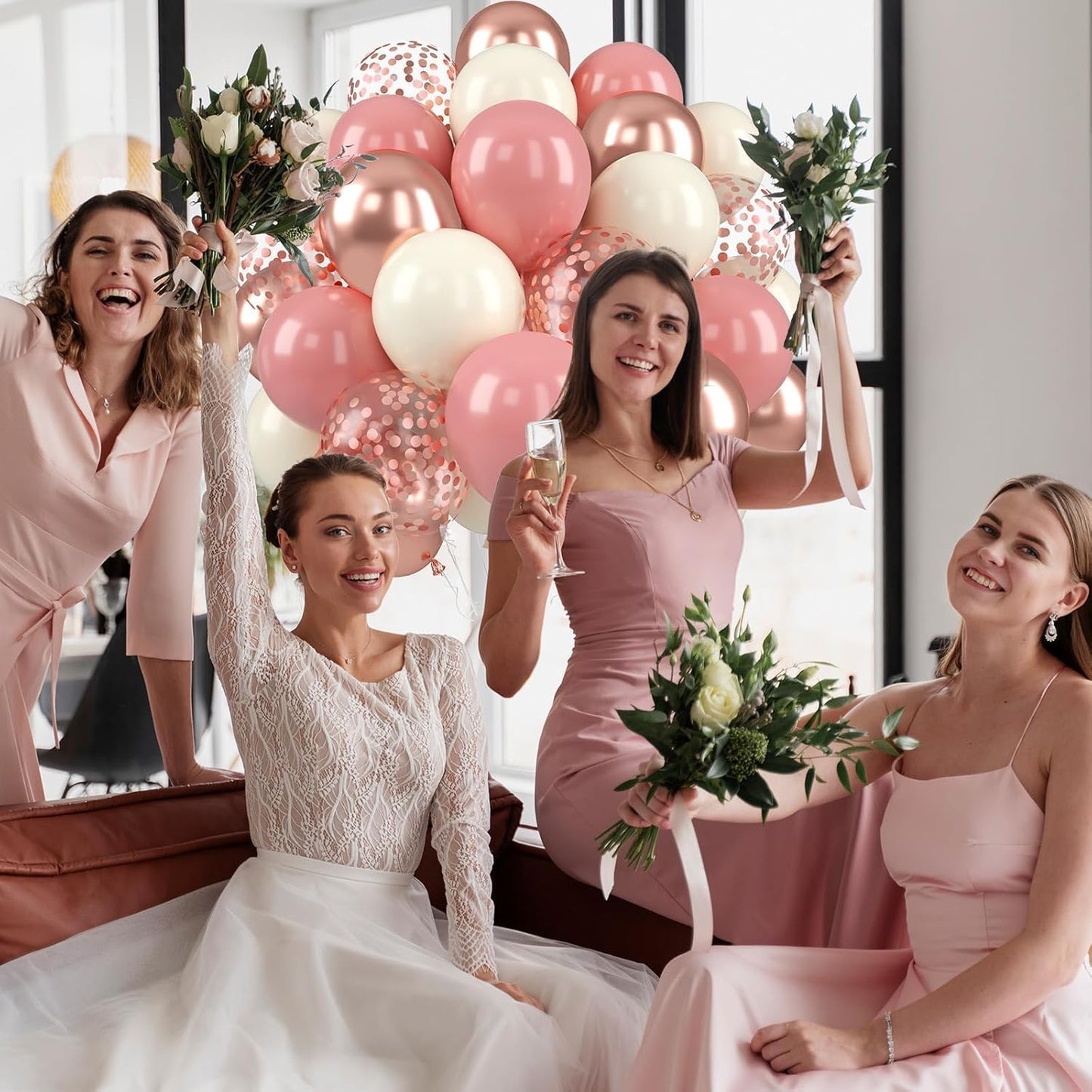 Paready Dusty Pink Balloons, 50 Pcs Retro Blush Pink White Balloons, 12 Inch Metallic Confetti Rose Gold Balloons Helium with Ribbon for Girls Wedding Bridal Baby Shower Birthday Party Decorations