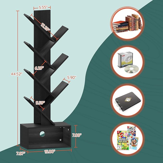 Yoobure Tree Bookshelf, 6 Tier Small Book Shelf Retro Floor Standing Bookcase - Image 3