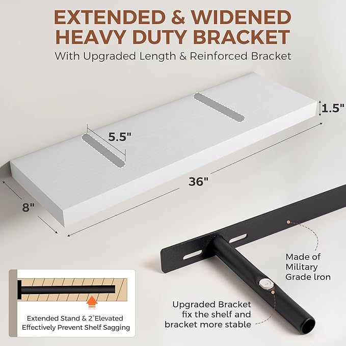 Dreamland White Floating Shelves 36 Inch Long, 8 Inch Deep Floating Shelves - Image 2