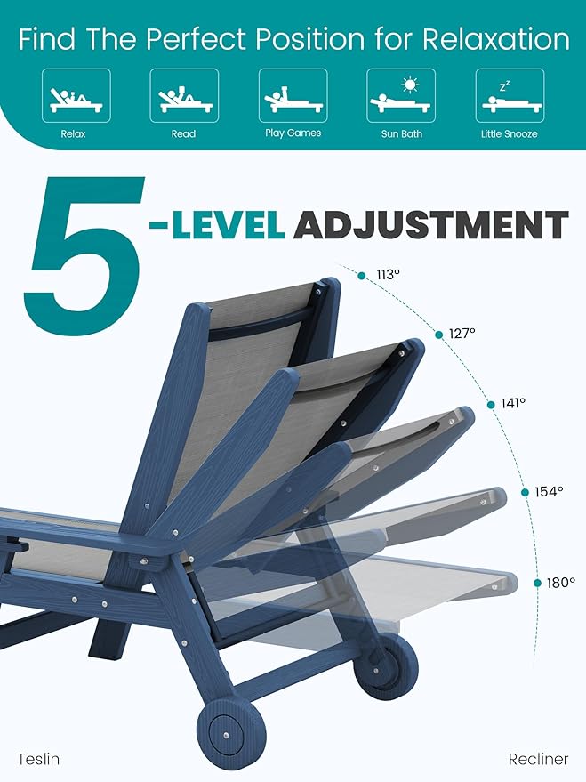 SERWALL Textilene Patio Chaise Lounge Chair, 5 Positions Adjustable Outdoor - Image 3