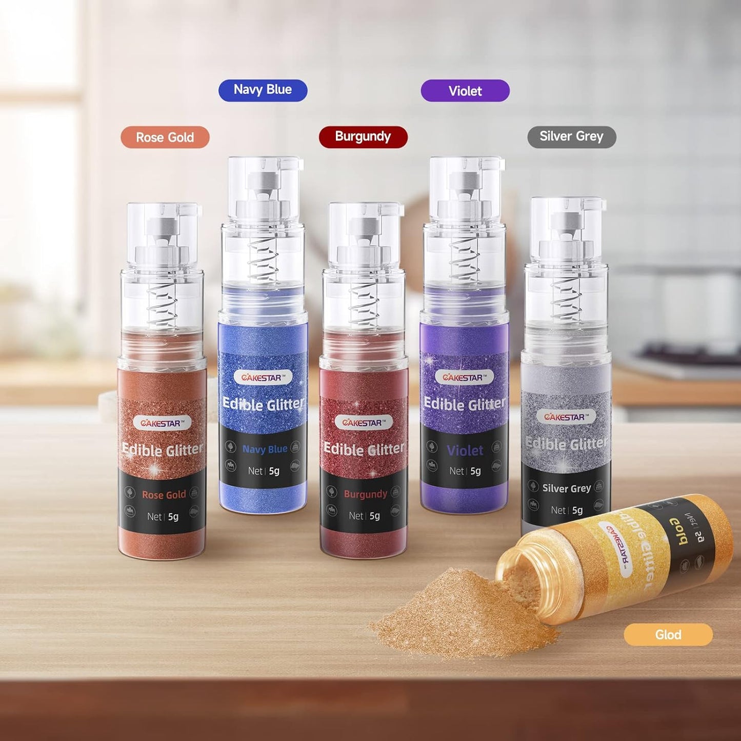 Edible Glitter Spray, Edible Luster Dust, 6 Colors, Edible Glitter for Cocktails, Powder for Cake Decorating, Baking, Drinks, Fondant, Candy, Cookie, Strawberry, 5g/bottle