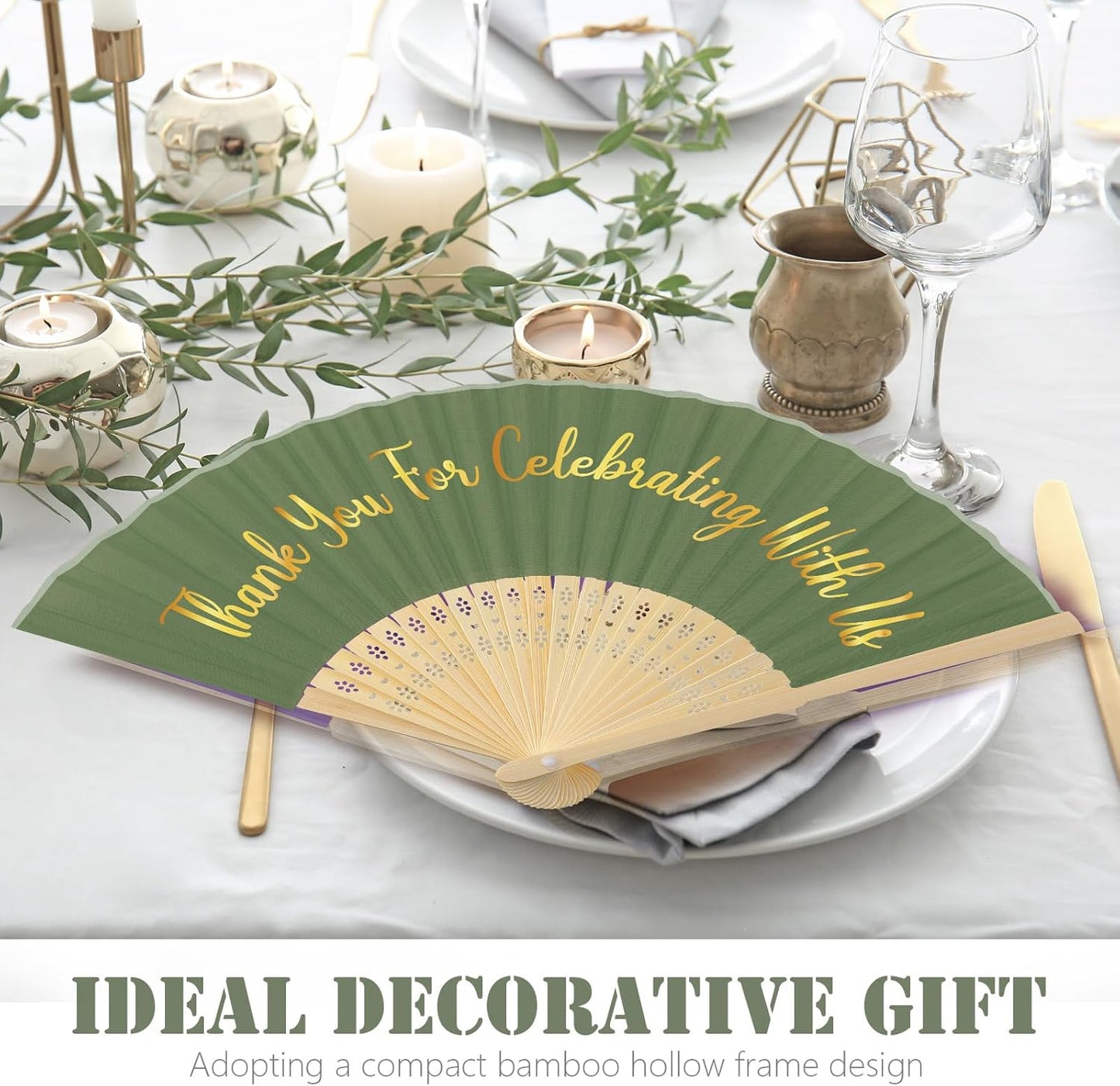 Jetec 50 Pcs Wedding Fans for Guests Bulk Silk Hand Fans Handheld Folded Thank You for Celebrating with Us Wedding Favors for Bridal Bridesmaid Baby Shower Dancing Party Church Gift(Dark Green)