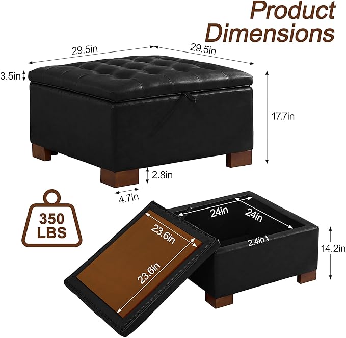 WUTUTUEE 30" Faux Leather Square Storage Ottoman - Image 2