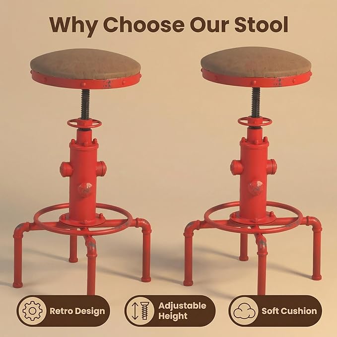 Topower Antique Vintage Industrial Barstool PU Leather Water Pipe Fire Hydrant - Image 7