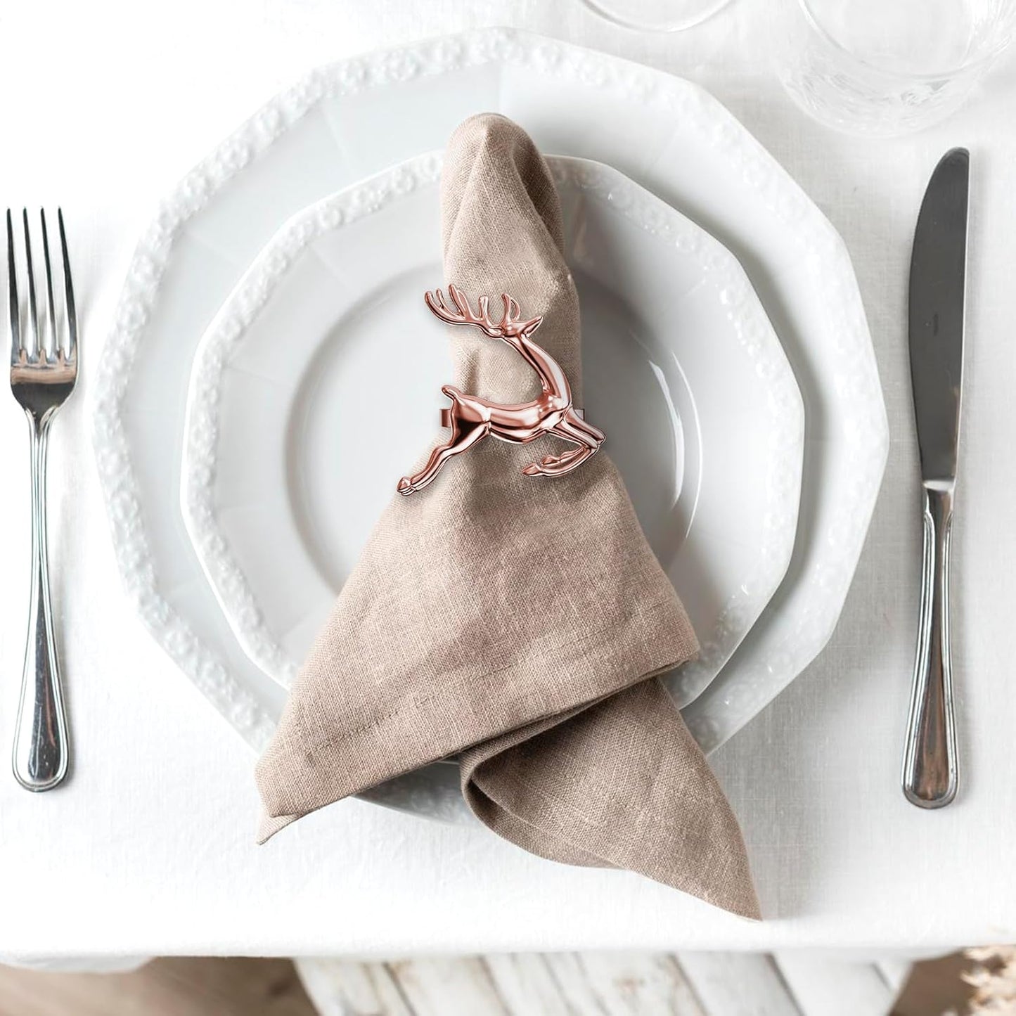 ZeeDix Set of 8 Rose Gold Elk Chic Napkin Rings for Christmas Dinning Table Setting-Wedding Receptions, Christmas, Thanksgiving and Home Kitchen for Casual or Formal