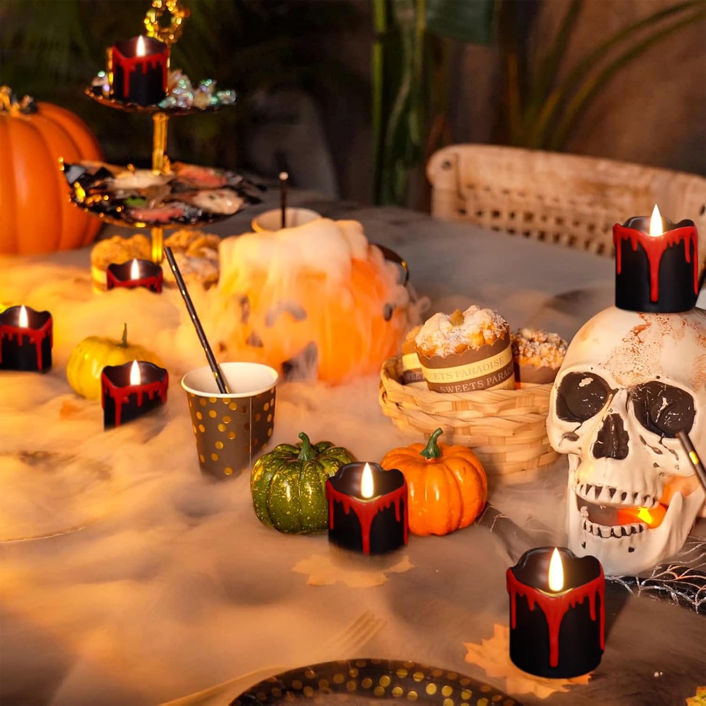 Halloween Black Votive Candles Battery Operated with Long Lasting CR2450 Batteries, LED Flameless Flickering Candles with 6H Timer, 6Pcs Black and Red Drip Wax Candle Gothic Home Decor