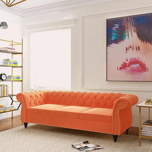 Mid-Century 3 Seater Sofa, Velvet Couch by YUCHIATHSoulFurniture