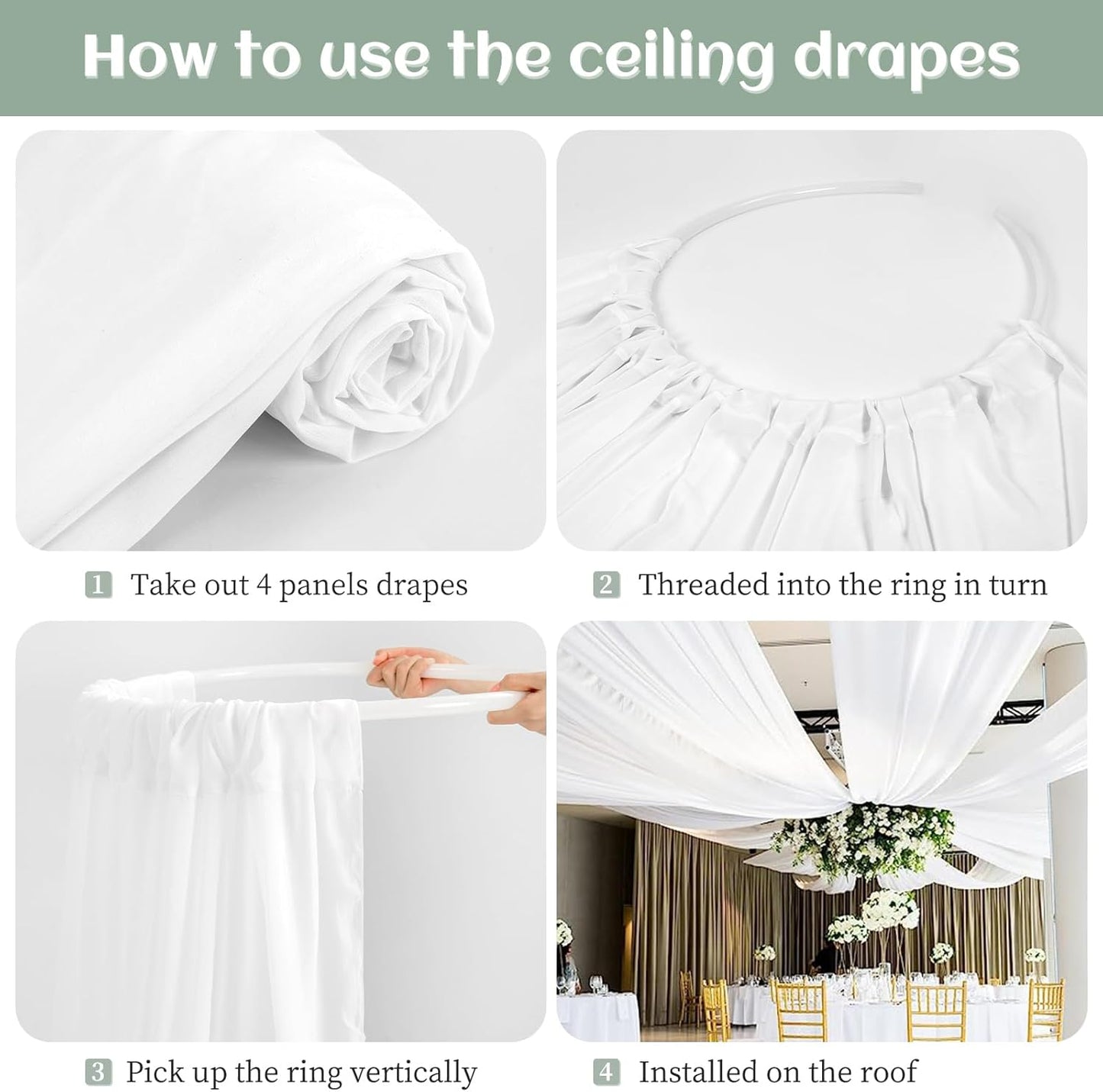 4 Panels White Wedding Ceiling Drapes 5ftx30ft Ceiling Drapes Chiffon Fabric Arch Draping Sheer Curtains Soft Drapery Draping Wedding Ceiling Decorations for Party Ceremony Stage Swag