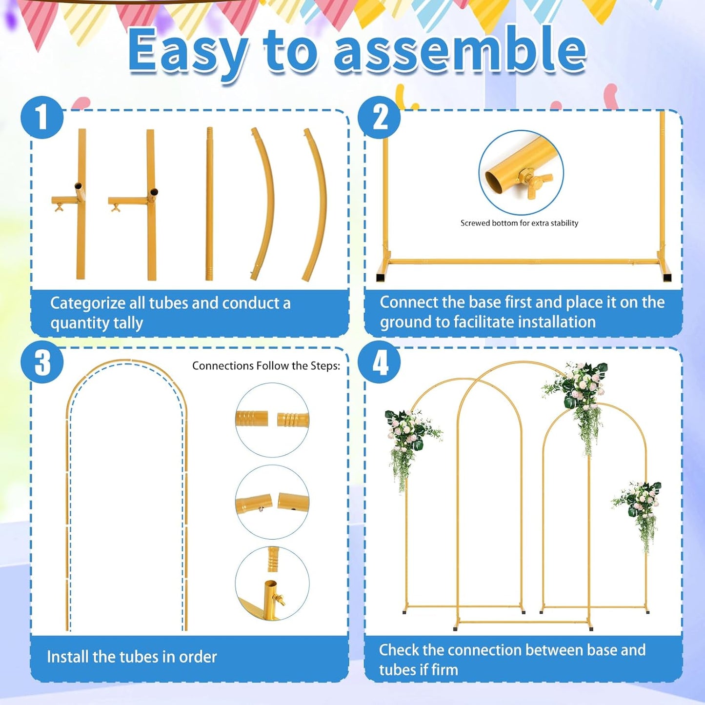 Metal Arch Backdrop Stand Set of 3 (7.2FT/6.6FT/6FT), Easy Assemble Balloon Arch Stand Kit, Decorative Backdrop Arch Stand, Gold Wedding Arch for Birthday Party and Baby Shower Decoration