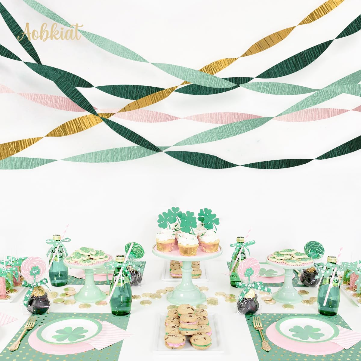 AOBKIAT Wedding Decor Sage Pink Gold Crepe Paper 8 pcs Streamers Party Decorations for Wedding,Rustic Bachelorette,Birthday,Bridal/Baby Shower,Anniversary Party Backdrop Decoration