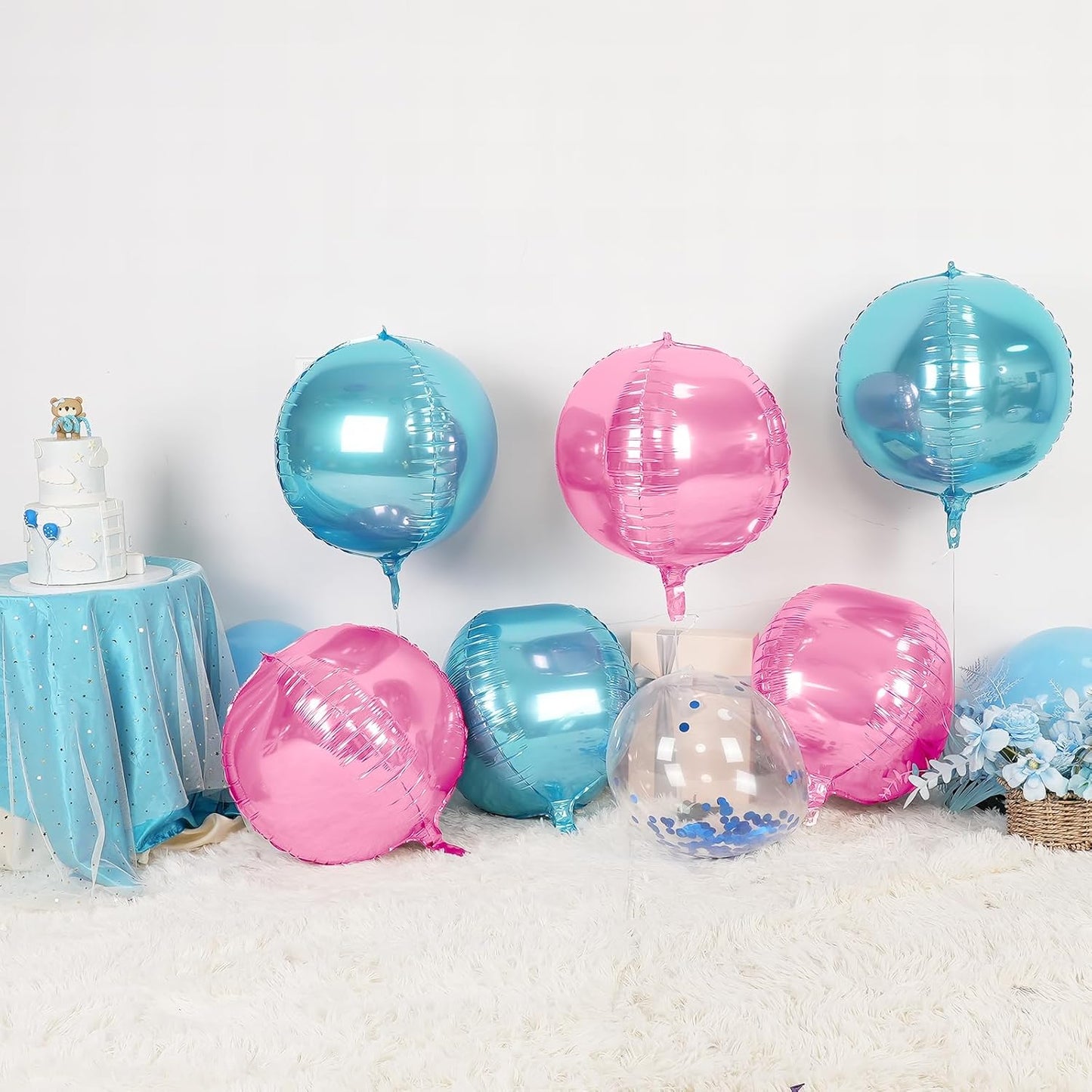 6Pcs blue Pink Round Foil Balloons,Giant 4D Round Ball Balloon,22 Inch Metallic blue Pink Balloons for Birthday Wedding Baby Shower Party Decorations