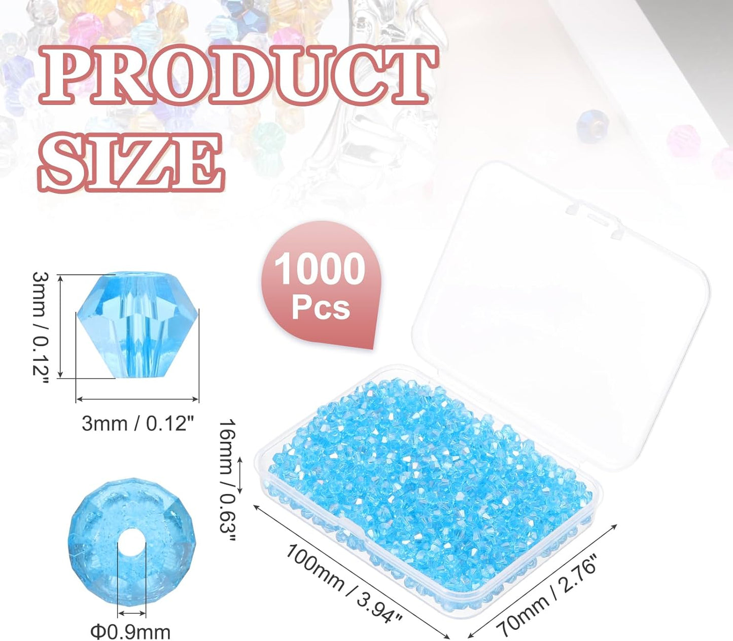PATIKIL 1000pcs 3mm Bicone Glass Crystal Beads, Faceted Glass Spacer Beads with Box for Jewelry Making Bracelet Necklace Earrings DIY Suncatcher Craft, Sky Blue AB