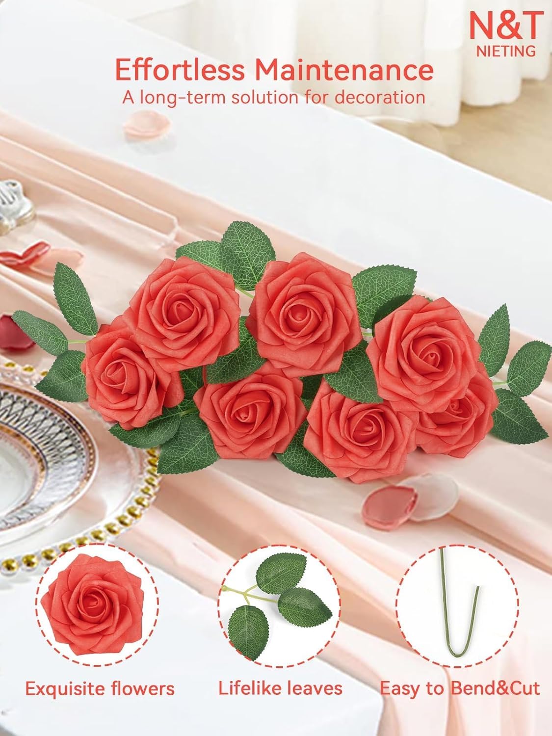 N&T NIETING Artificial Flowers 25pcs Real Looking Coral Foam Fake Roses with Stems for DIY Wedding Bouquets Bridal Shower Centerpieces Floral Arrangements Party Tables Home Decorations