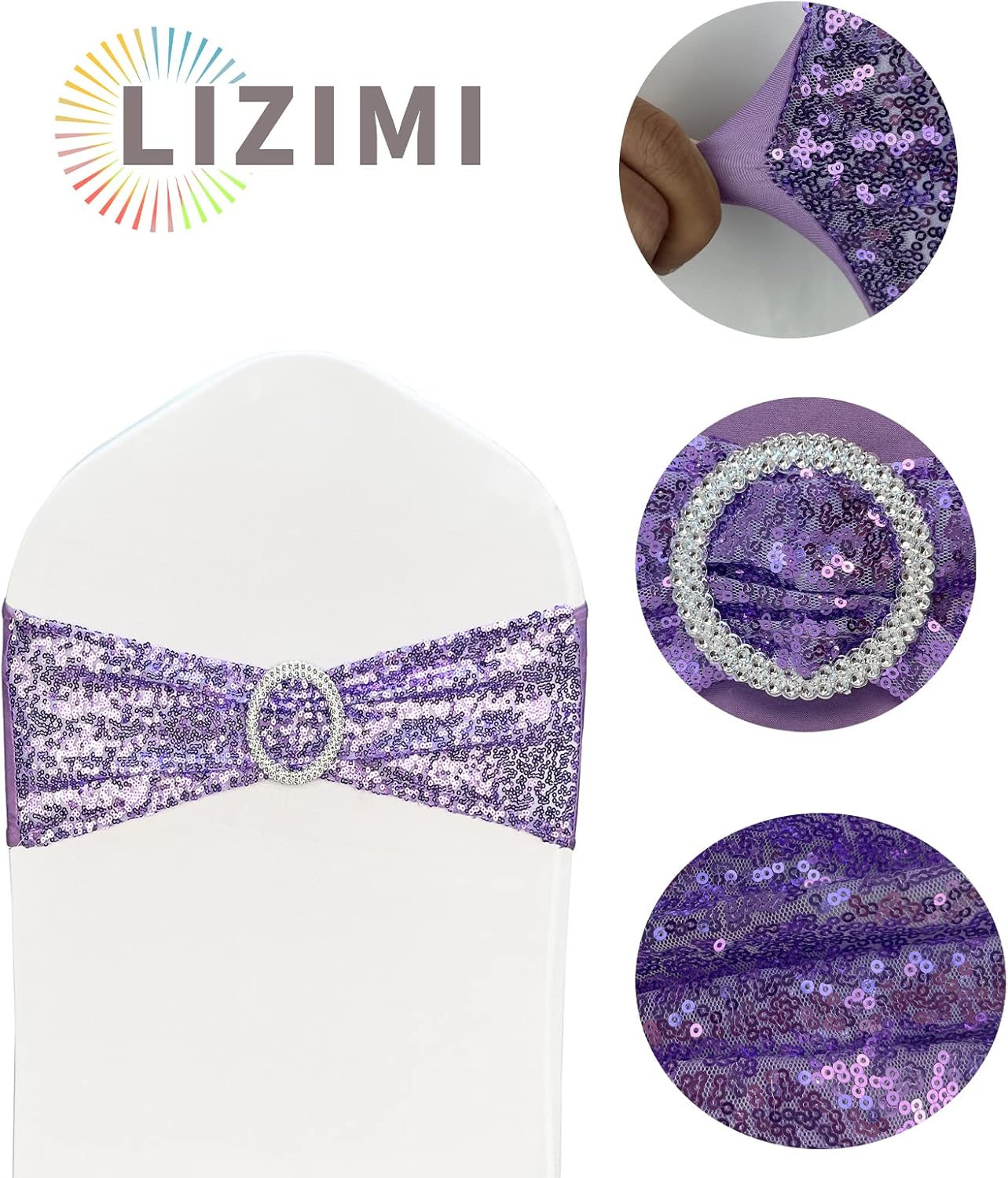 50 Pcs Sequin Chair Sashes Stretch Chair Bands Spandex Polyester Bows for Party Hotel Wedding Banquets Decoration - Lavender