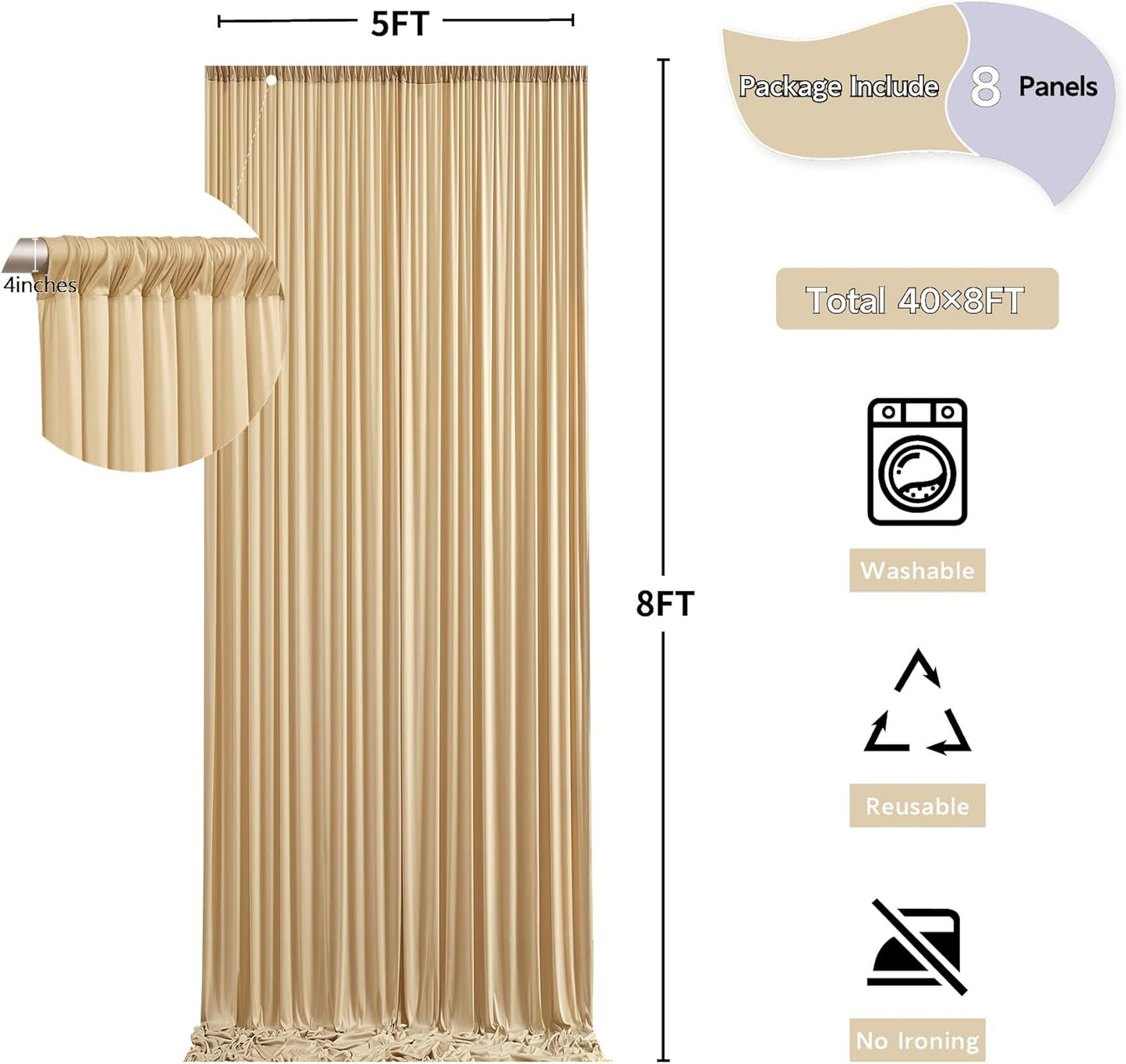 40x8 ft Thick Beige Backdrop Curtain for Wedding Parties, 8 Panels 5x8 ft Wrinkle Free Polyester Beige Photo Backdrop Drapes for Birthday Party Home Decoration Supplies