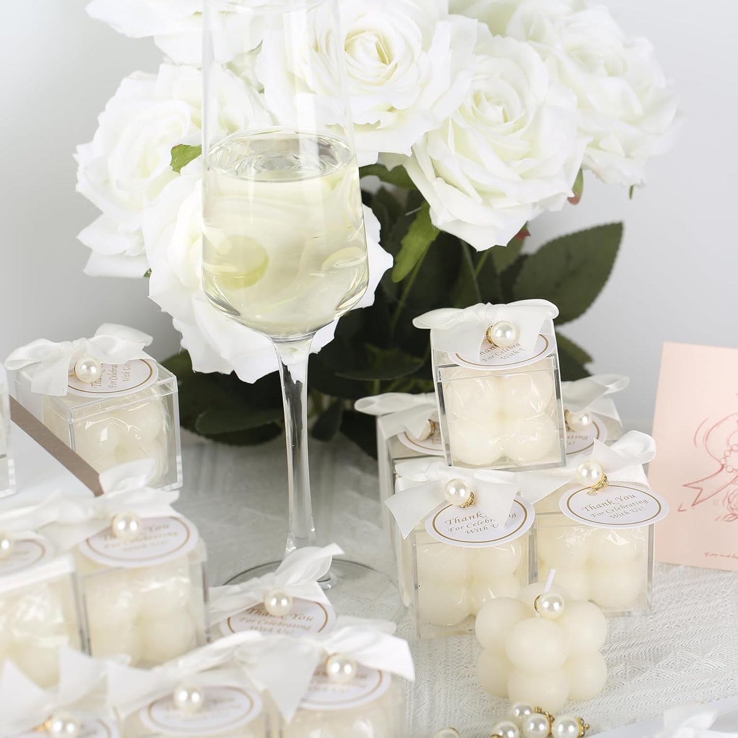 20 Pcs Small Bubble Candles Elegant Party Favors Bulk Set with Decorative Ribbons Thank You Cards for Bridal Shower Guest Gifts (20, White)