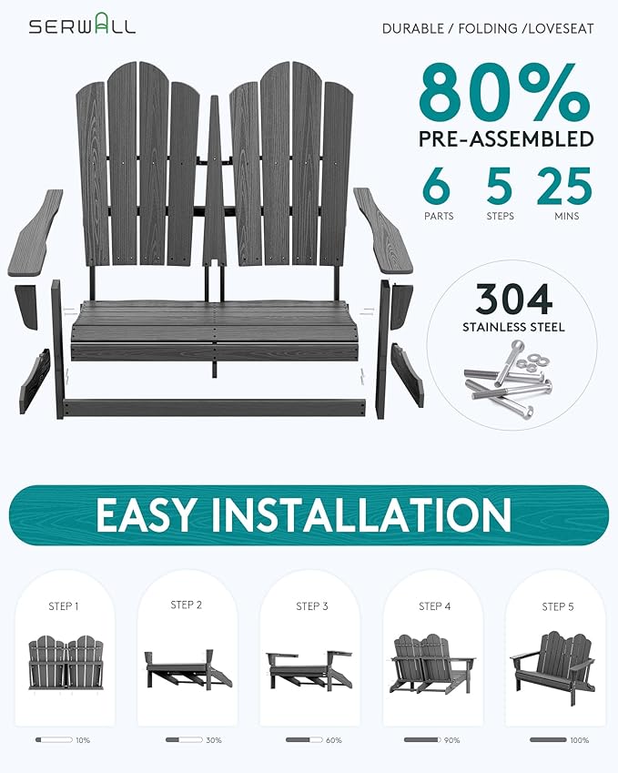 SERWALL Folding Adirondack Bench, HDPE All-Weather Adirondack Loveseat Set of 2 - Image 3