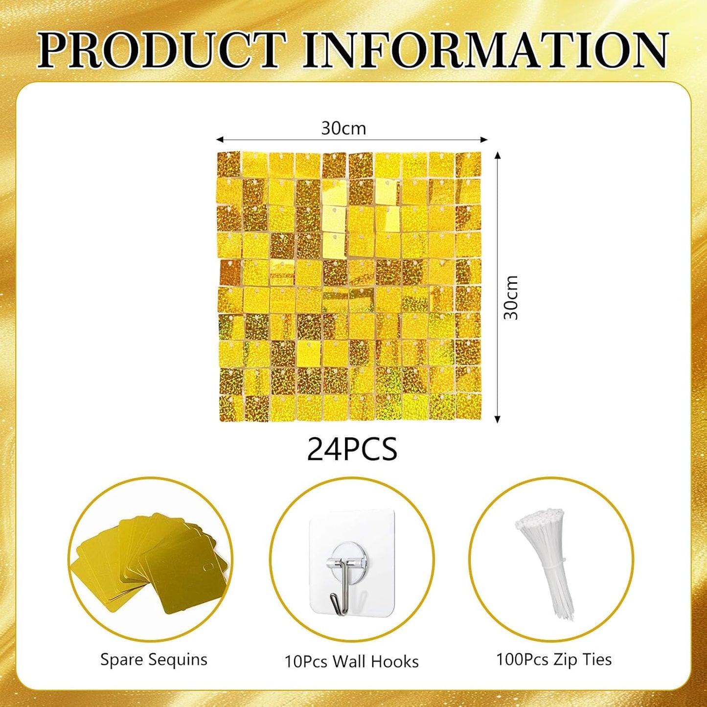 24PCS Gold Shimmer Wall Backdrop, Laser Square Sequin Photo Backdrops Panel, Glitter Wall Background for Birthdays, Weddings, Christmas, Engagements, Disco Bachelorette Party Decoration (4FTx6FT)