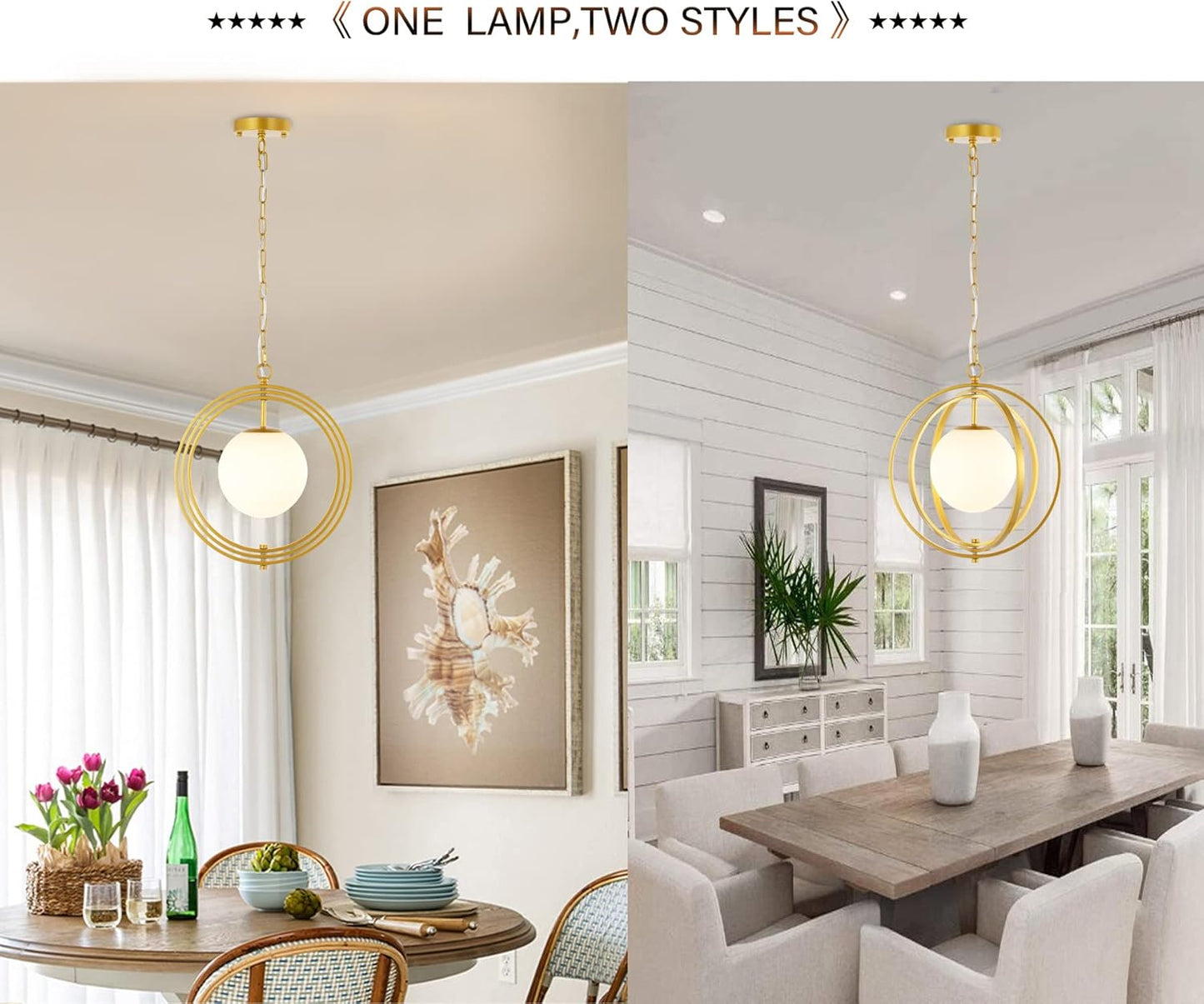 Gold Orb Chandelier 1 Light Globe Pendant Light Fixtures with White Globe Glass Lampshade Hanging Ceiling Light for Dining & Living Room, Bedroom, Foyer and Kitchen Island