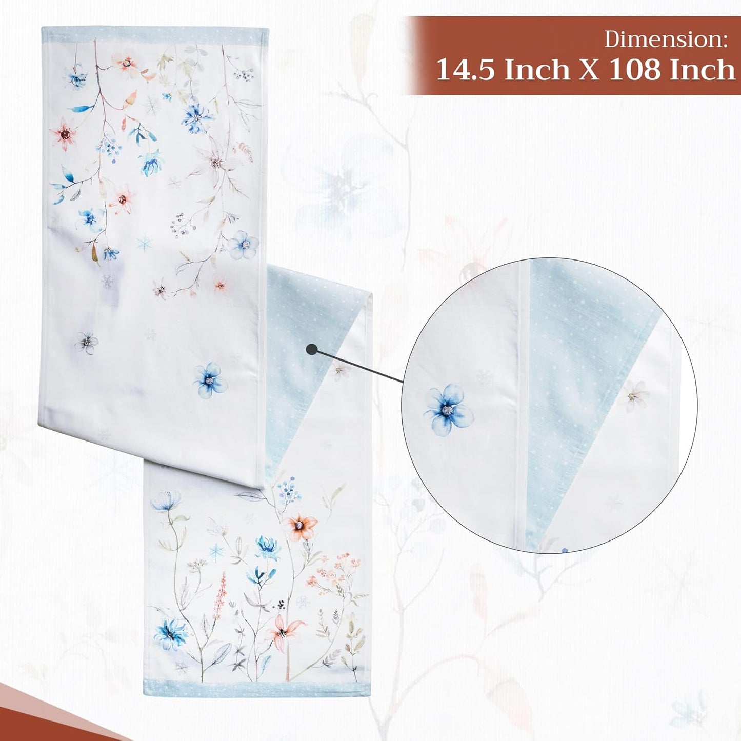 Maison d' Hermine Table Runner 100% Cotton Double Layer Table Runners 108 inches Long Decorative for Home Kitchen Dining Party Baby Shower Wedding Bridal Shower (Ice Florals, 14.50" x 108")