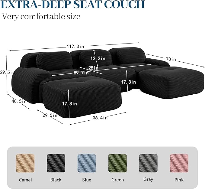 Boneless Sectional Couch, No Assembly Required, 117.3” U Shaped Modular Cloud - Image 3