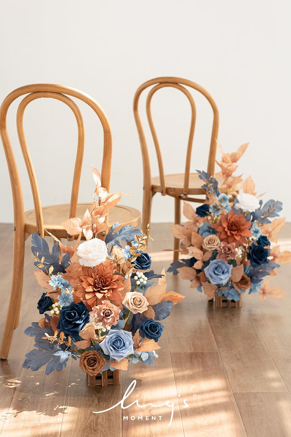 Ling's Moment 17.5" Tall Standing Artificial Flowers Arrangements 4pcs Fall Wedding Aisle Runner Chair Decorations Russet Orange & Denim Blue Centerpieces for Ceremony Reception Floral Party Outdoor