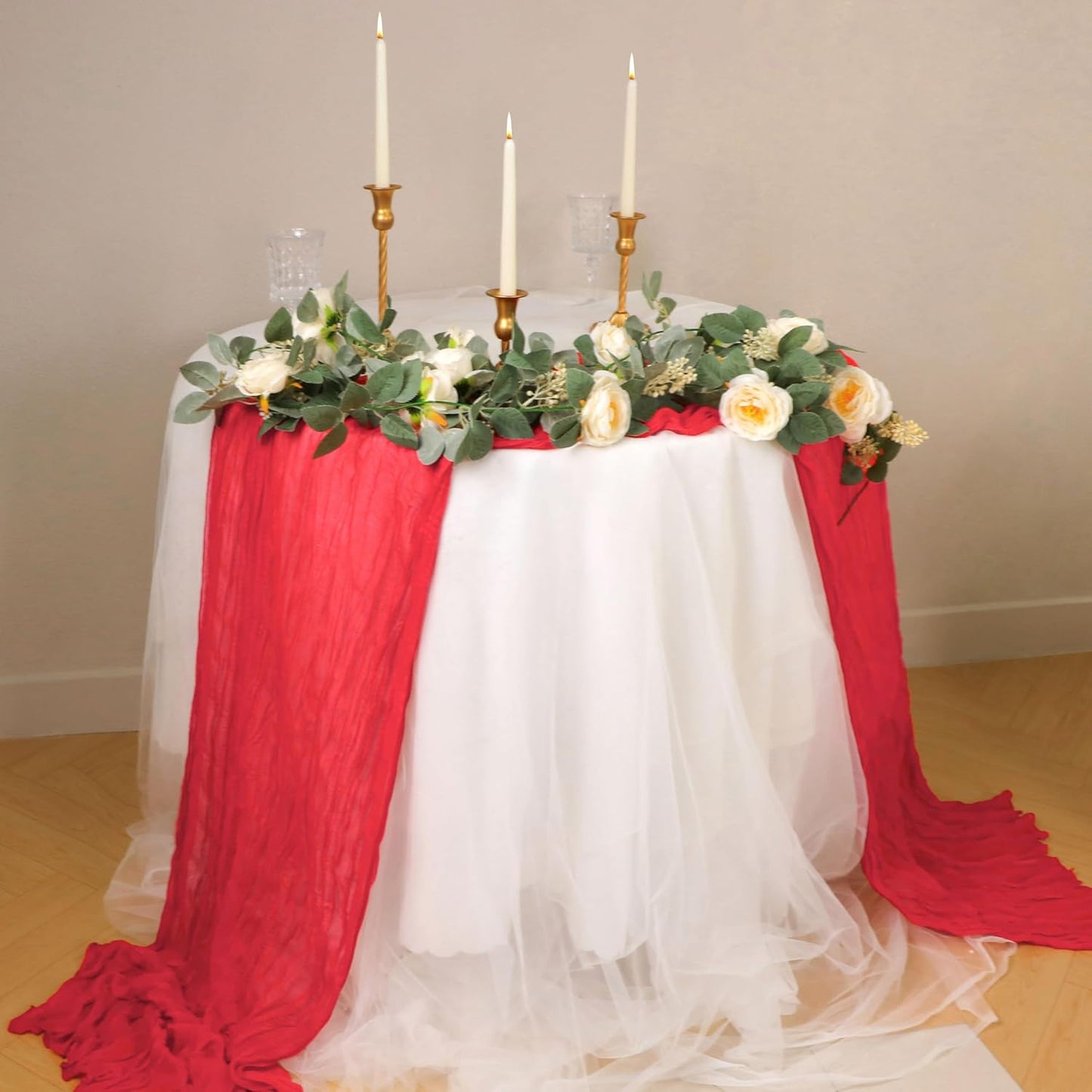 Snowkingdom 6 PCS Red Cheesecloth Table Runner 10 Ft, 120 inch Long Cheese Cloth Gauze Runners for Christmas Valentine Wedding Bridal Baby Shower Birthday Holiday Party Table Decorations