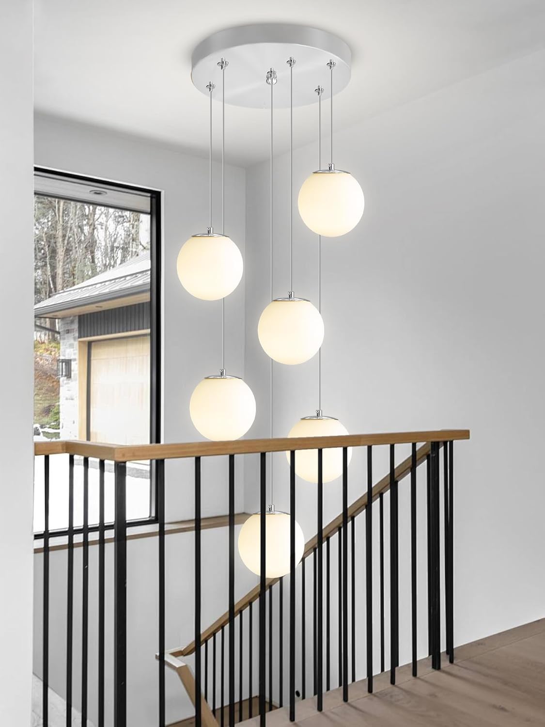 H 87in Globe Pendant Light 6-Lights Modern Hanging Chandelier for Kitchen Island Silver Globe Chandelier Milk White Glass Pendant Lighting for Living Room Bedroom Entryway