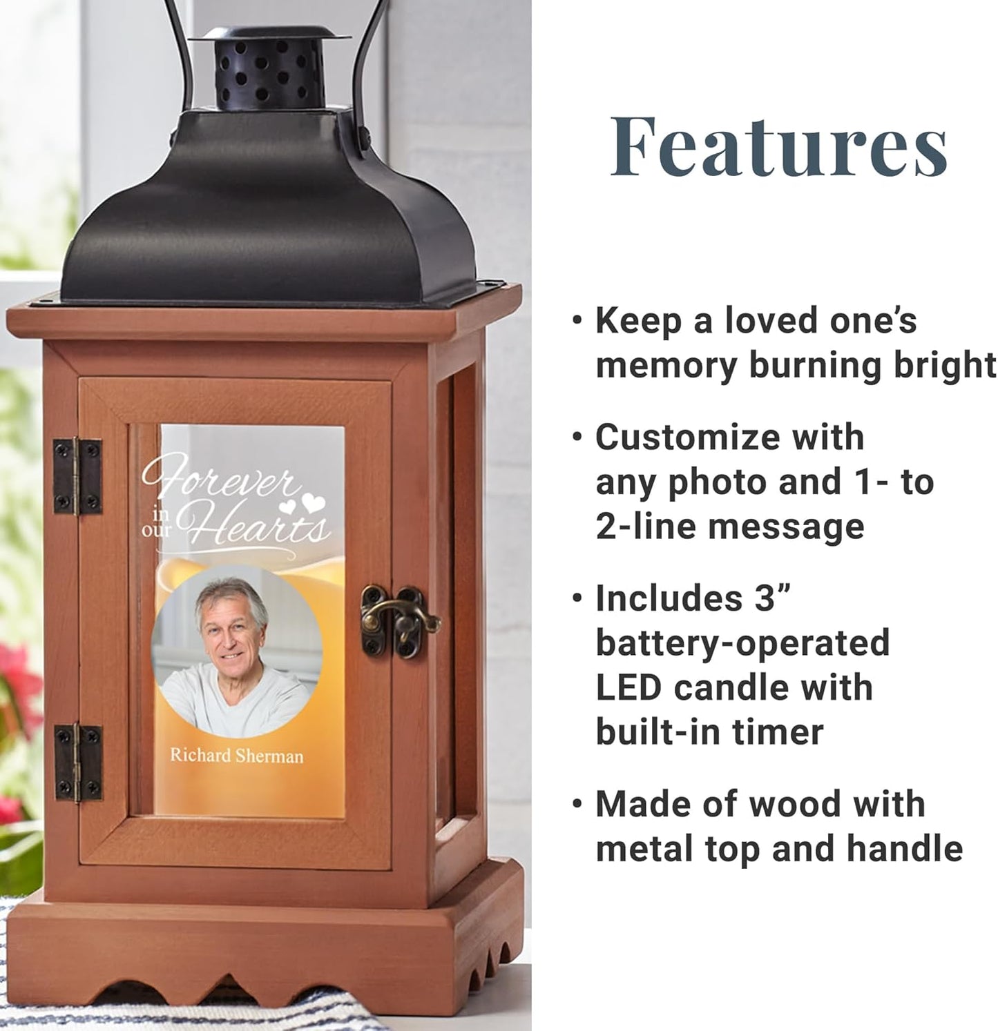 Let's Make Memories Personalized Memorial Lantern - Sympathy - Condolences - in Memory - LED Candle - Automatic Timer - Wood/Metal - in Our Hearts