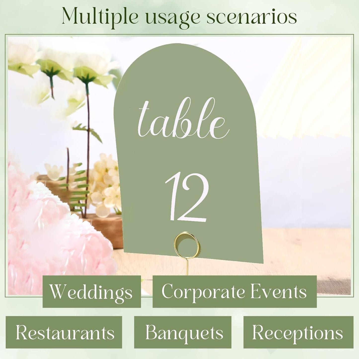 Green and White Table Numbers 1-30 with Head Table Number Card and Holders, 5 x 7 Inch Arched Place Seating Sign Double Sided for Wedding Reception Anniversary Birthday Party Restaurant