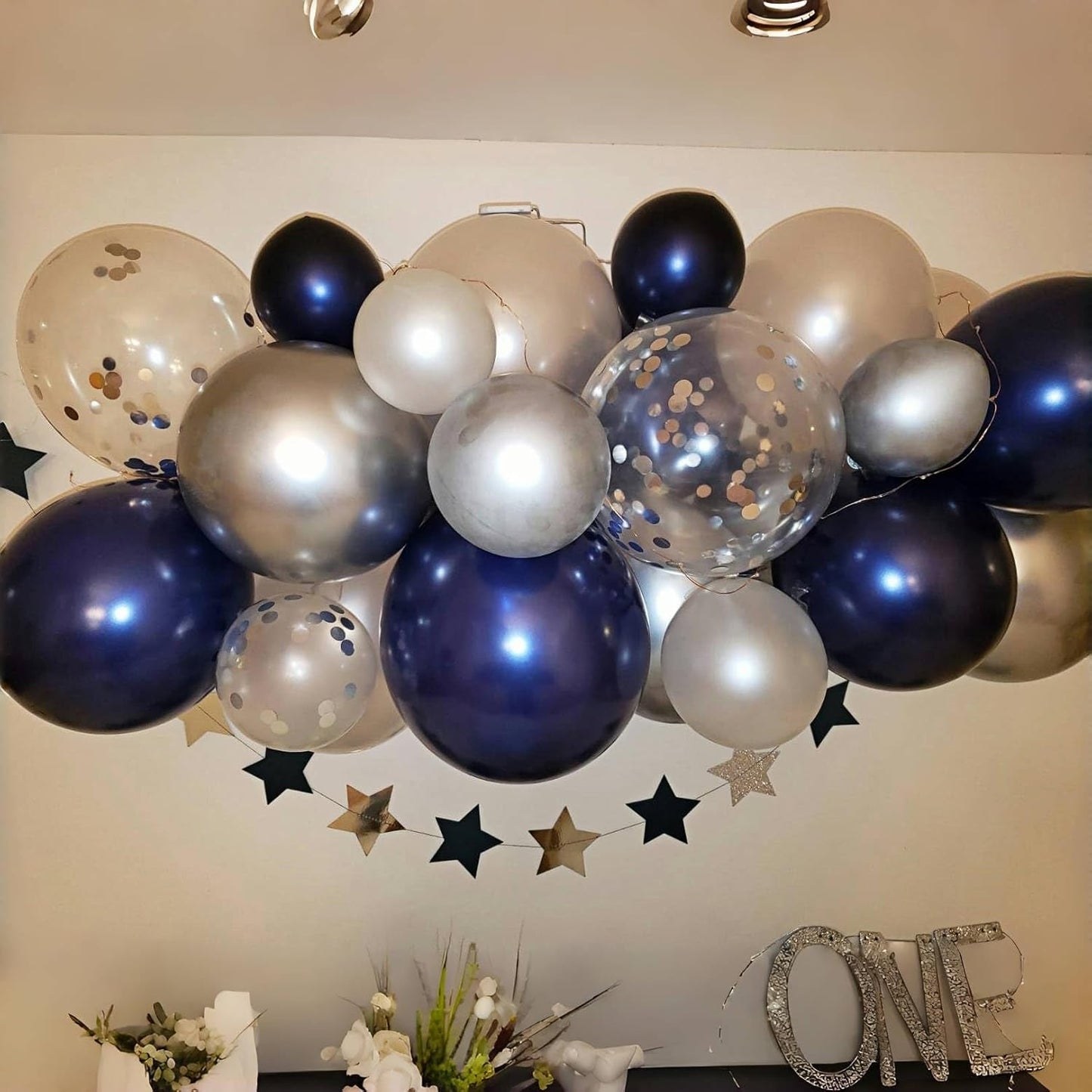 Navy Blue and Silver Balloons, Pearl Navy Blue Metallic Silver Latex Balloons Set Decor with 12 Inch Silver Blue Confetti Balloon for Boys Men Birthday Baby Shower Wedding Graduation Party Decorations