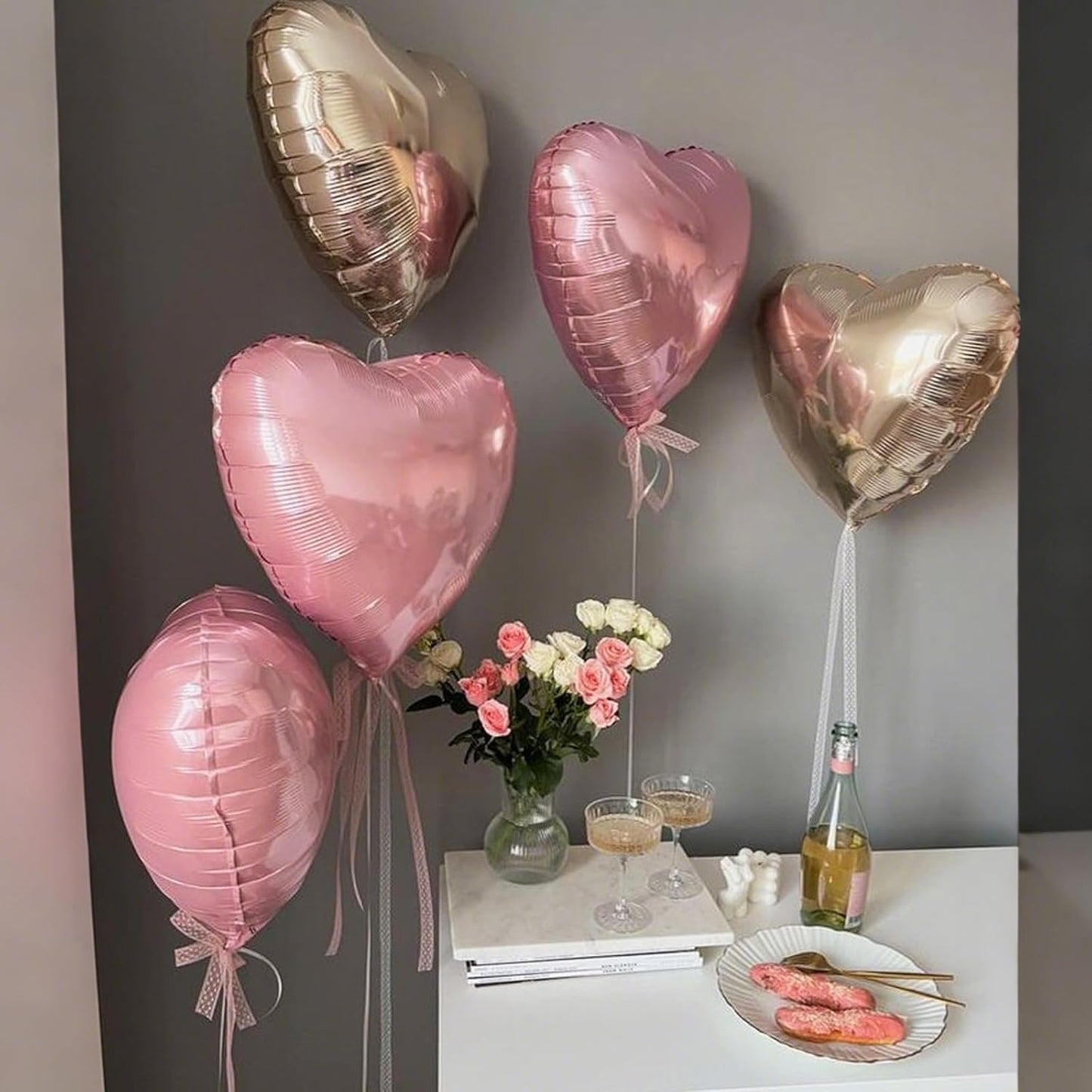Rose Gold Pink Heart Balloons,12Pcs 18 Inch Pastel Pink Helium Foil Love Heart Shaped Balloons for Wedding Bridal Engagement Party Anniversary Birthday Baby Shower Valentines Day Decorations