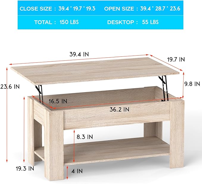 FDW Lift Top Coffee Table with Lift Tabletop Hidden Compartment and Storage - Image 3