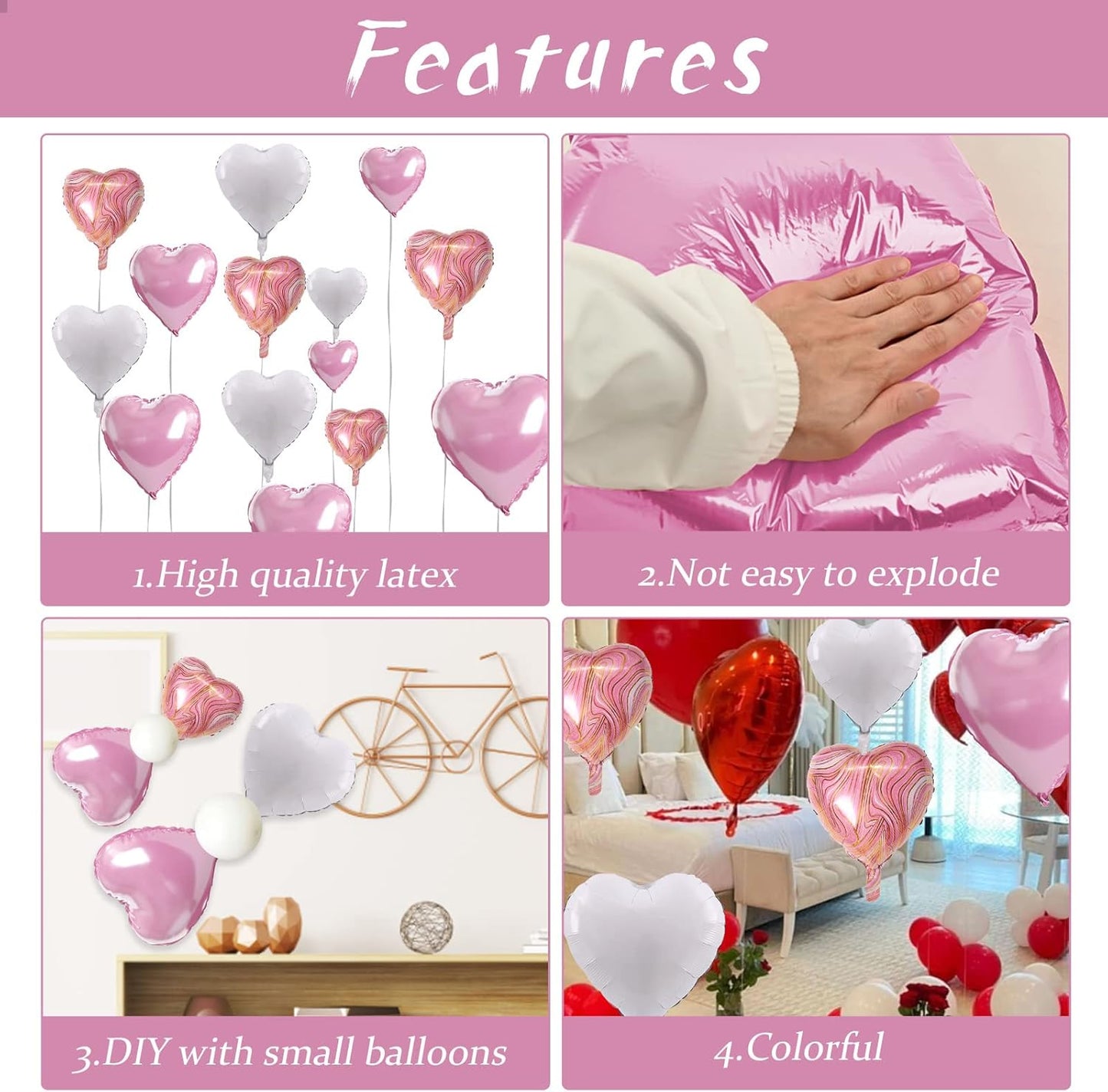 Pink White Agate Heart Shape Balloons - 10PCS Pink & White Foil Heart Balloons for Valentine's Day Decorations - 18inch