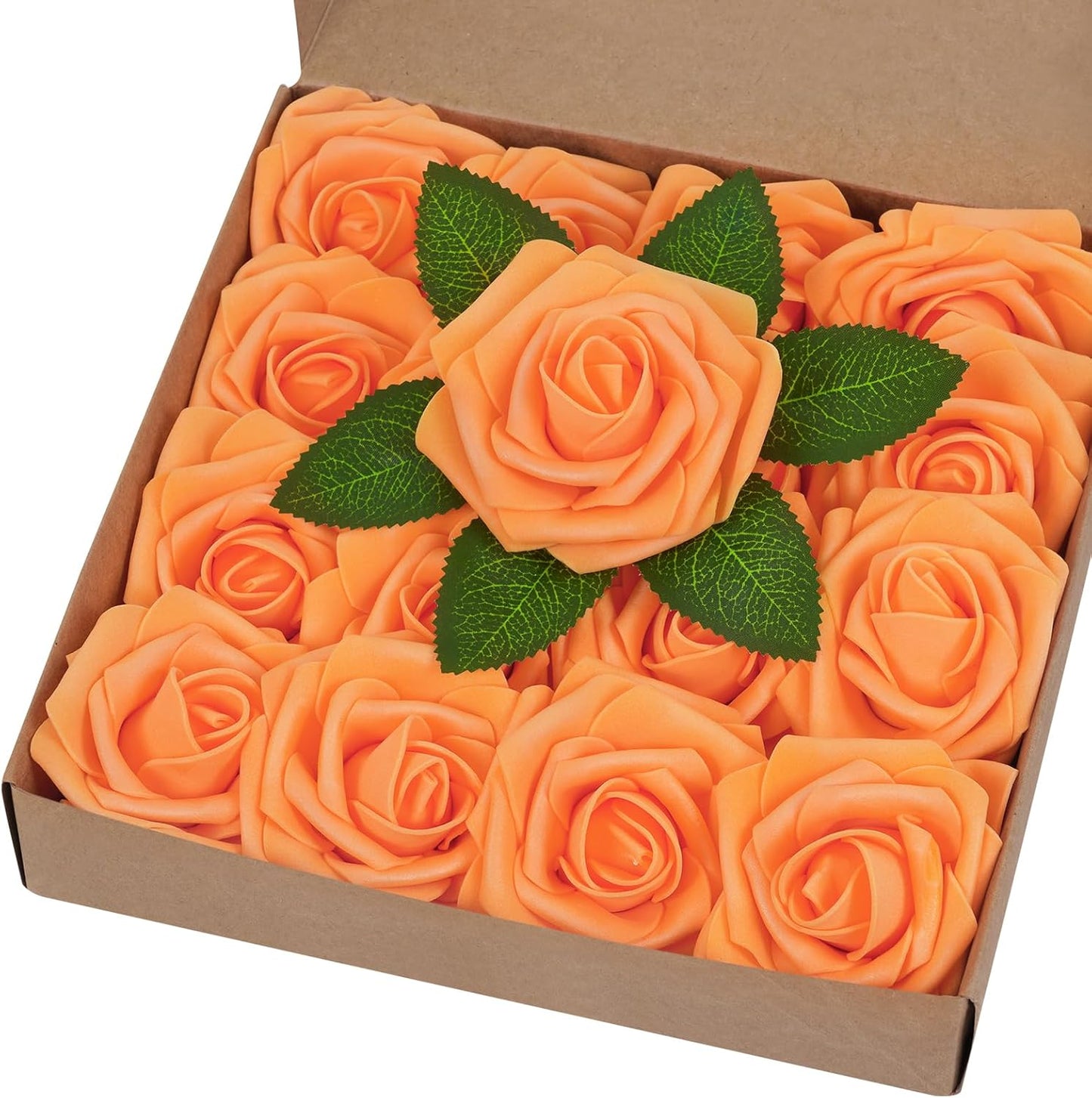 BLEUM CADE 16Pcs Artificial Flowers Fake Roses with Stems, Orange Boxed Foam Roses for DIY Bouquets Centerpieces Wedding Party Arrangement Bridal Shower Decor
