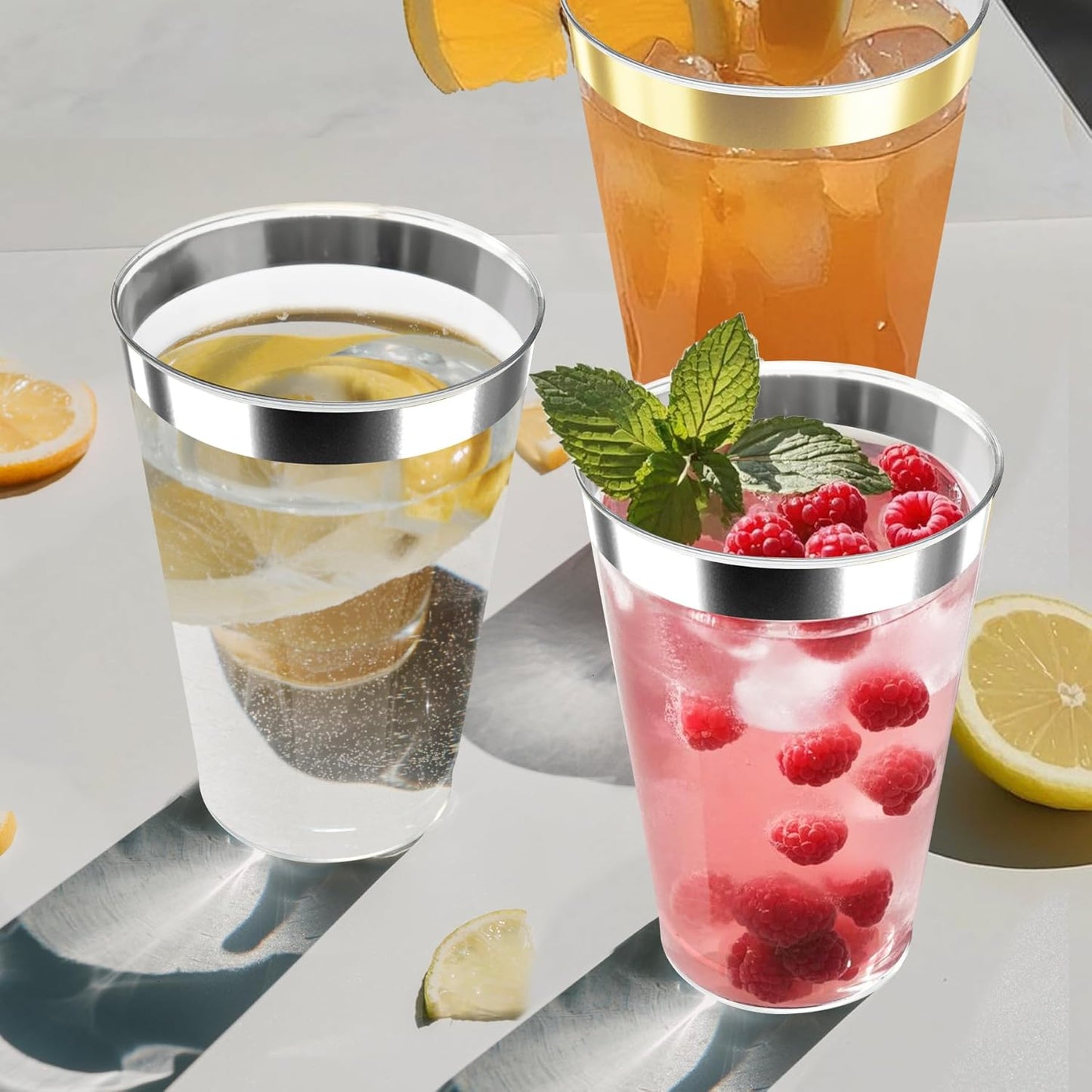 [200 Pack 12oz Clear Plastic Cups with Silver Rimmed Sturdy & Food Safe Disposable Wine Glasses Party Cups Wedding Cups Disposable Drinking Cups for Wine, Juice, Cocktails and Cold Beverages