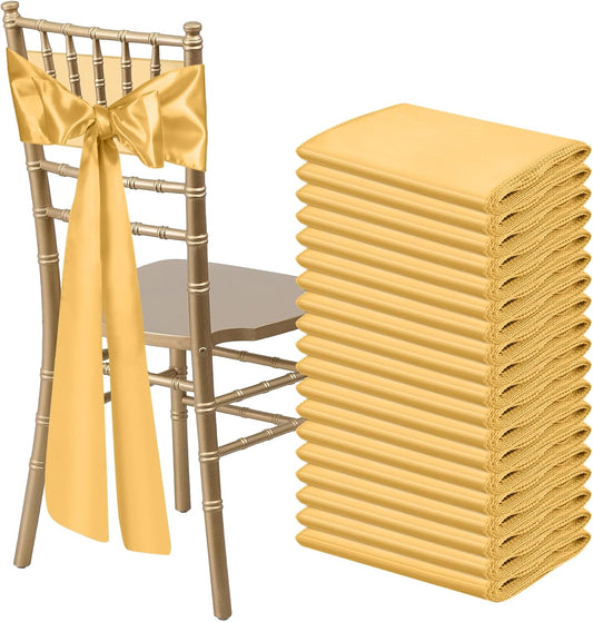 50 PCS Gold Satin Chair Sashes Bows Universal Chair Ribbon Ties Back Sash for Wedding Party Reception Events Banquets Hotel Event Chair Cover Decoration (7x108 inch)