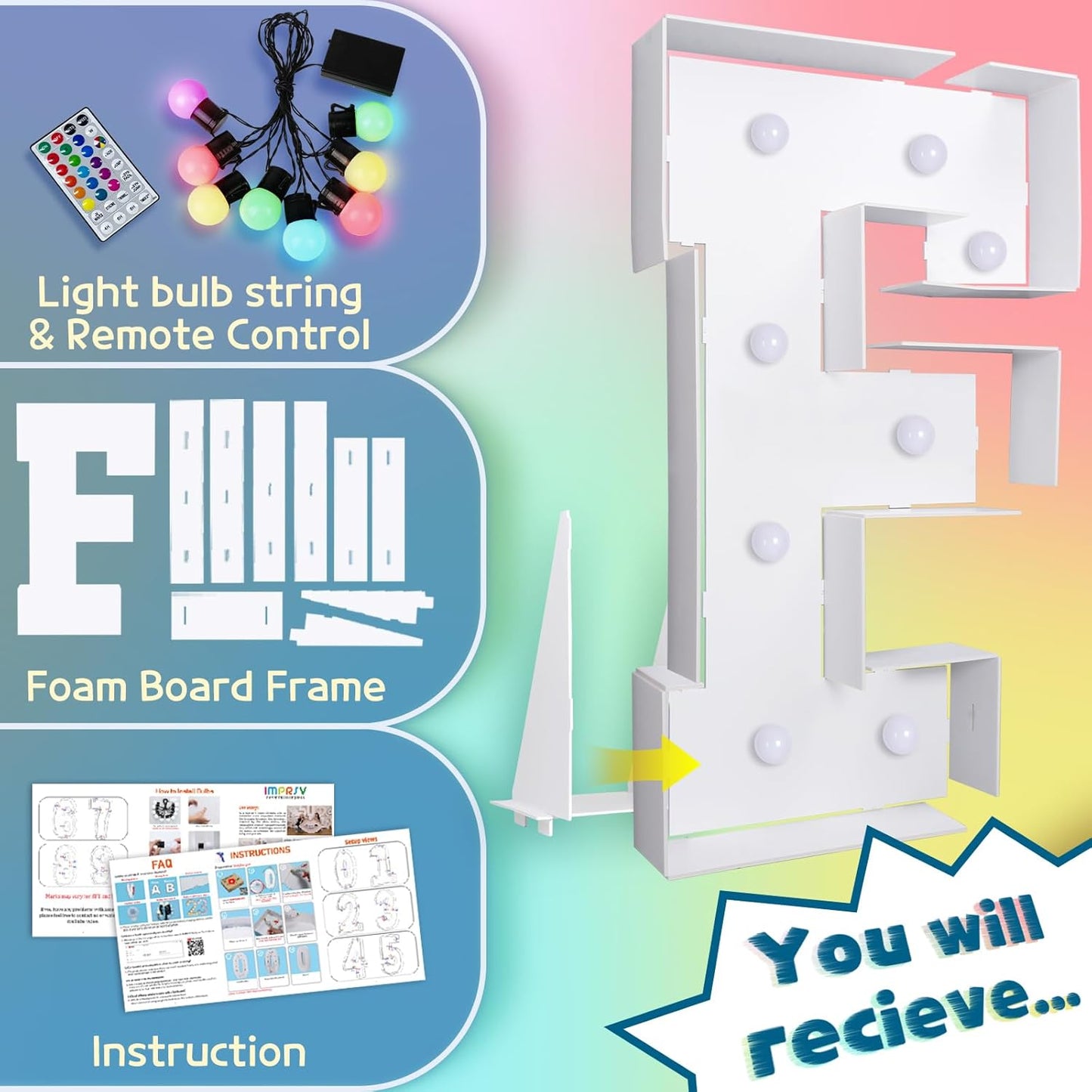 imprsv 3FT Colorful Marquee Light Up Letters F, 18 Colors Large Light up Letters Alphabet Sign with Remote, Big Marry Me Sign, Birthday Party Decorations Baby Shower Anniversary Wedding Decoration