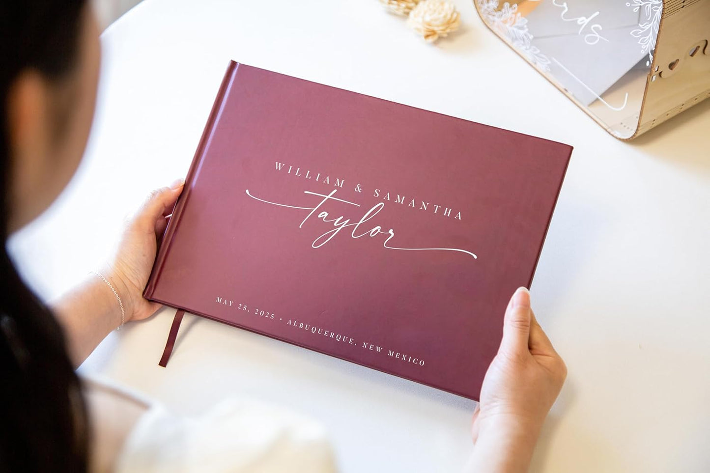 Personalized Guest Book - 11.5" x 8.5" Custom Bride & Groom Names with Bookmark and Hard Cover 140 GSM Blank Pages, for Weddings Guest Book, Engagements, Birthdays, Special Events, Wine